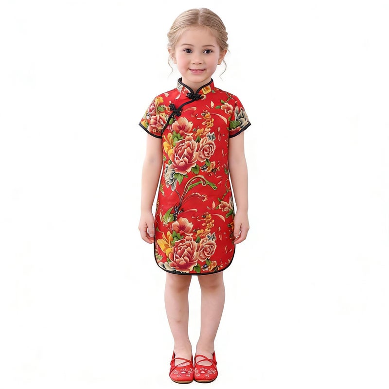 SZCQ Foral Baby Girls Dress New Year Qipao Vintage Chinese Cheongsam Princess Costume (Red, 16) - Image 1